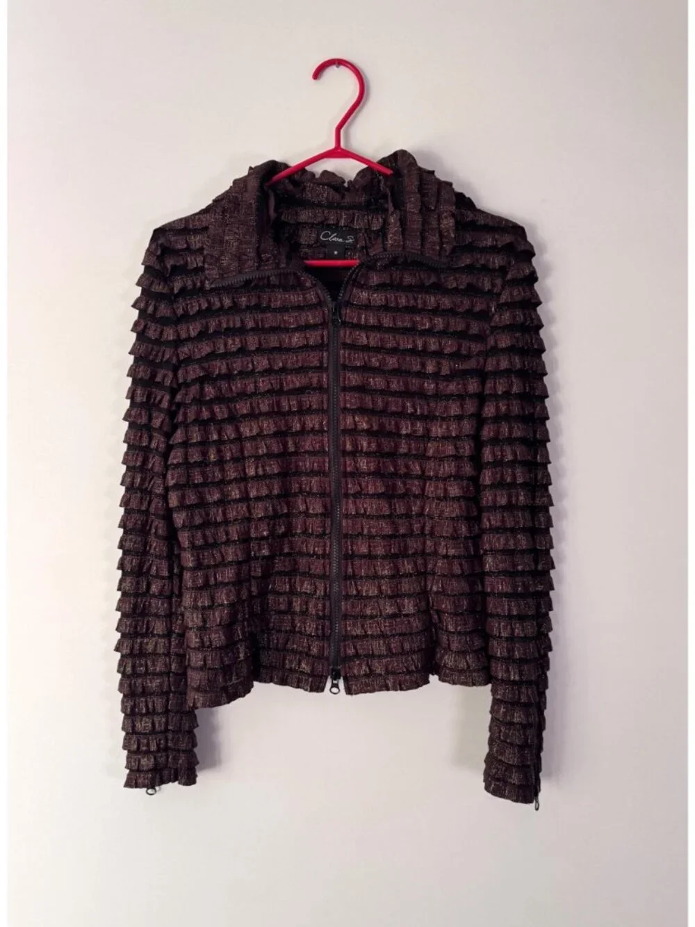 Y2K vintage brown ruffled textured collared long sleeved zip up blouse shirt - Picture 9 of 11